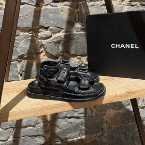 Chanel Black Caviar Leather CC Dad Slingback Sandals